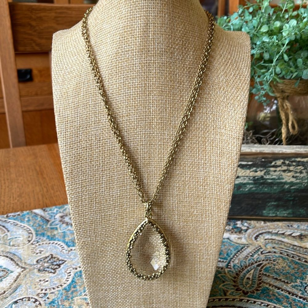 Chico’s Faceted Teardrop Glass Crystal Pendant Necklace Gold Tone Multi Chain